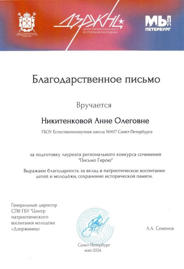 2024-2025 Никитенкова А.О. (Благодарственное письмо "Письмо герою")